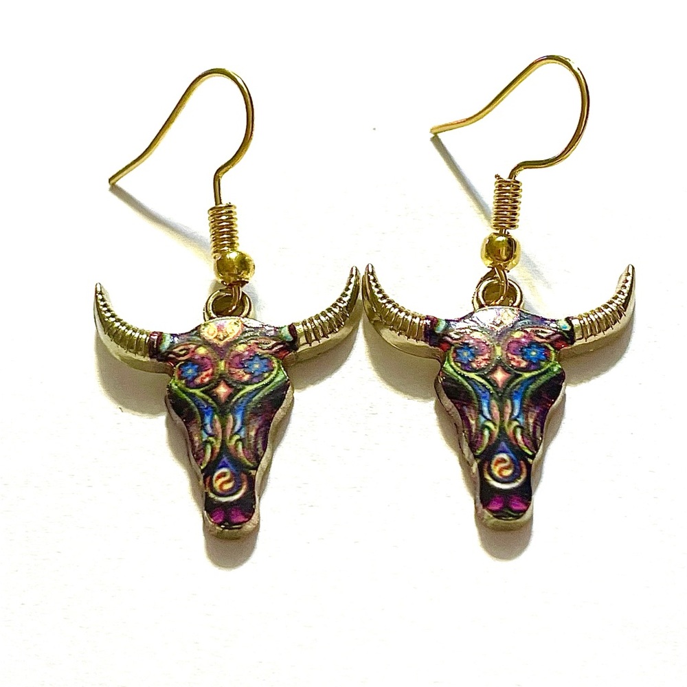 Multicolored Floral Cow Skull Dangle Earrings
